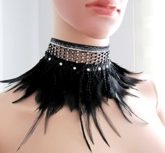 Night Chic Feather Choker Party Neck Accessory Handmade | Etsy Glamorous Party Jewelry With Feathers, Black Feathered Jewelry For Party, Black Feather Jewelry For Party, Black Rhinestone Fringe Jewelry For Party, Party Black Rhinestone Fringe Jewelry, Party Black Jewelry With Rhinestone Fringe, Zine Fashion, Halloween Party Accessories, Arm Accessories