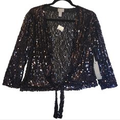 Nwt (New With Tags! Never Worn! Perfect Condition!) Chico's Travelers Collection "Ginger" Jacket - Lightweight Navy Semi-Sheer Navy Sequin Jacket / Cardigan / Top Open Front, Tie At Waist Perfect For Wearing Over A Formal Dress, Mother Of The Bride Chico's Size 1 = M Medium 3/4 Length Sleeve From A Pet And Smoke Free Home Approx Measurements: Bust, Pit To Pit, Flat Across = 19.5" (Measured Across Back, Since Front Is Open) Length, Shoulder To Waist = 21.5" Sleeve Length = 19" Fitted Cardigan For Fall Party, Holiday Black Fitted Outerwear, Fitted Long Sleeve Holiday Cardigan, Black Long Sleeve Outerwear For Party Season, Fitted Holiday Cardigan, Fitted Evening Cardigan For Spring, Winter Outerwear With Sequins, Dress Mother Of The Bride, Jacket Cardigan