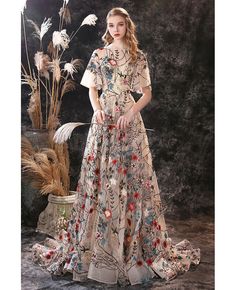 Buy unique romantic floral embroidery lace formal prom dress with sleeves and train at wholesale price online. High quality custom-made service pro since 2009. Court Train Prom Dress, Train Prom Dresses, Boho Prom, Embroidery Tulle, Girls Dps, Prom Dresses With Pockets, Tulle Evening Dress, Wedding Dresses Satin, فستان سهرة