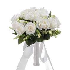 a bouquet of white roses tied to a ribbon with greenery on the side, in front of a white background