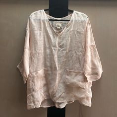 Nwt, Peach/Cream 100% Linen Tunic-Style Top. Tag Says “One Size” - I’d Estimate L-Xl. Beige V-neck Top With Pockets, Summer Loungewear Tops With Pockets, Summer Lounge Tops With Pockets, Summer Tops With Pockets For Loungewear, Neutral V-neck Beach Top, Summer Beige Blouse With Pockets, Beige Summer Blouse With Pockets, Beige Blouse With Pockets For Summer, Casual Long Sleeve Apricot Blouse