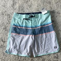 Nwt!!! Minor Stain On Bottom Pictures Great Color Size 32 Mid Length White Surfing Bottoms For Spring, Blue Casual Surfing Shorts, Blue Summer Surfing Bottoms, Casual White Surfing Bottoms, Casual Blue Surfing Shorts, Billabong Men, Billabong Swim, Purple Logo, Surf Shorts