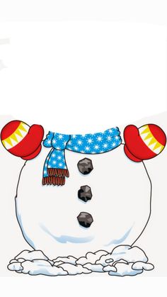 a snowman with red mittens and blue scarf