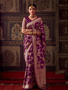 Purple Banarasi Crepe Silk Zari Weaving Work Saree - VJV Now Formal Pre-draped Saree With Zari Weaving For Eid, Elegant Fitted Katan Silk Pre-draped Saree, Formal Silk Pre-draped Saree With Zari Weaving, Formal Saree With Resham Embroidery, Semi-stitched, Traditional Dola Silk Blouse Piece For Formal Occasion, Formal Dola Silk Blouse Piece With Zari Work, Formal Saree With Resham Embroidery For Diwali, Formal Resham Embroidery Saree For Diwali, Elegant Fitted Banarasi Silk Pre-draped Saree