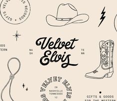 an image of various items that are in the style of boots and cowboy hats on a white background