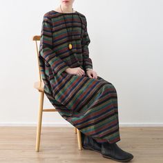 simplelinenlife-Women-Dresses-gowns Striped Long Sleeve Relaxed Fit Dress, Striped Long Sleeve Dress With Relaxed Fit, Casual Long Striped Dresses, Casual Multicolor Loose Dress, Loose Beach Dresses For Fall, Oversized Multicolor Casual Maxi Dress, Multicolor Long Sleeve Relaxed Fit Dress, Casual Loose Dresses For Fall, Casual Free Size Fall Dresses