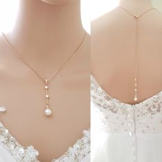 two pictures of the back of a woman's wedding dress with pearls on it