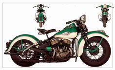 a green and white motorcycle parked next to each other on top of a white surface