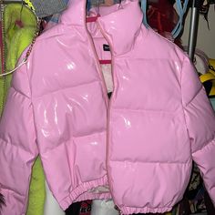 Brand New Vinyl Jacket Pink Zipper Closure Outerwear For Spring, Chic Long Sleeve Puffer Jacket For Spring, Chic Solid Puffer Jacket For Spring, Chic Solid Color Puffer Jacket For Spring, Chic Solid Color Spring Puffer Jacket, Trendy Pink Outerwear With Zipper Closure, Pink Fitted Trendy Puffer Jacket, Trendy Fitted Pink Puffer Jacket, Trendy Fitted Puffer Jacket