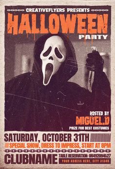 a poster for a halloween party with a ghost holding a knife and wearing a mask