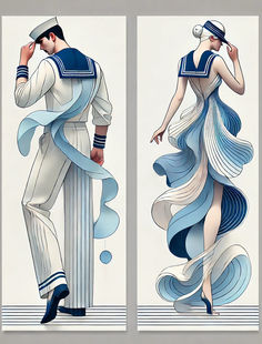 two paintings of people dressed in blue and white, one wearing a sailor's uniform