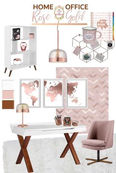 the office is decorated in pink and white with gold accents, including a desk lamp, chair