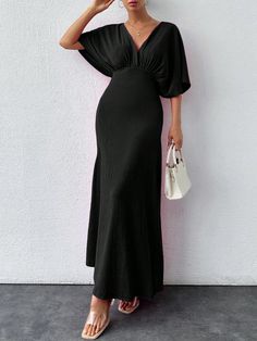 Women's Summer Solid Color V-Neck Batwing Sleeve Elegant Dress Black Elegant  Short Sleeve Fabric Plain A Line Slight Stretch  Women Clothing, size features are:Bust: ,Length: ,Sleeve Length: Elegant Dress Black, Sports Jackets Women, Nylon Leggings, Grey Colour Suit, Mens Winter Coat, Loose Fit Jeans, Princess Style, Knitwear Men, Women Long Dresses