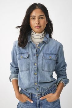 Light Wash Button-up Top With Frayed Hem, Casual Denim Blue Top For Layering, Dark Wash Tops For Everyday Fall Wear, Everyday Denim Blue Tops For Fall, Washed Blue Stonewashed Tops For Spring, Everyday Fall Tops, Casual Denim Tops For Layering, Denim Blue Tops For Layering, Everyday Denim Tops For Fall