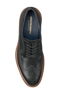 Brogue perforations and wingtip styling add timeless sophistication to a leather derby grounded by a cushioned footbed and shock-absorbing sole. Lace-up style Cushioned footbed with arch support XL EXTRALIGHT® sole is lightweight, flexible and shock absorbent Leather upper and lining/rubber sole Made in Italy Black Wingtip Derby Shoes, Black Wingtip Dress Shoes With Perforated Toe Box, Wingtip Derby Shoes For Work With Branded Insole, Black Wingtip Derby Shoes With Goodyear Welt, Black Goodyear Welted Wingtip Derby Shoes, Classic Wingtip Derby With Leather Footbed, Wingtip Derby Shoes With Leather Footbed For Work, Black Wingtip Derby With Goodyear Welt, Business Wingtip Derby With Leather Footbed