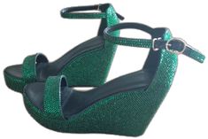 Green Rhinestone Open Toe Heels, Green High Heel Sandals With Rhinestones, Glamorous Green Sandals With Rhinestones, Formal Green Sandals With Rhinestones, Green Wedge Heel Sandals For Party, Green Open Toe Wedge Sandals For Party, Green Rhinestone Round Toe Heels, Green Wedge Heels For Party, Elegant Green Open Toe Wedge Sandals