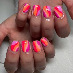 Trending Shellac Nails, Colourful Nails Short, Colourful Short Nails, Colourful Gel Nails, Short Shellac Nails Summer, Pink Swirly Nails, Short Shellac Nails, Summer Shellac Nails, Colourful Summer Nails