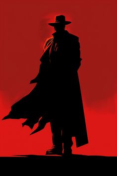 the silhouette of a man in a top hat and trench coat, standing against a red background