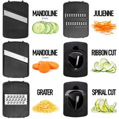 there are many different types of vegetable graters on this page, including spiral cut and mandoline