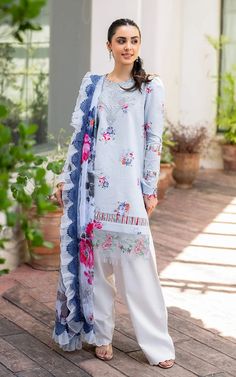 Luxury Pakistani Salwar Kameez Dupatta Blue Salwar Suit Party Dress Suits For Women Pakistani, 3 Piece Suits For Women, Lawn Design, Pakistani Salwar Kameez, Lawn Shirts, Lawn Suits, Embroidered Neckline, Silk Dupatta, Fabric Stores Online