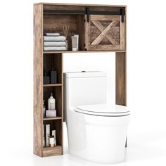 a bathroom with a toilet and wooden shelves