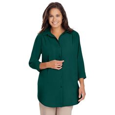 Woman Within Women's Plus Size Three-Quarter Sleeve Peachskin Button Front Shirt .This soft button down has a comfy, generous fit and a peached finish for extra smoothness. Three-quarter sleeves with a turnback cuff are easy and polished, making it a great piece for everyday wear or for work. Super comfortable and versatile  its just what you need. Shirttail hem30 length hits at the upper thighWoven poly, importedMachine washable. About the brand: At Woman Within were the experts in plus size co Cuffed Sleeve, Womens Scrubs, Woman Within, Chiffon Long Sleeve, Career Dress, Swimsuits For All, Swimwear Cover Ups, Button Front Shirt, Cardigan Tops