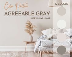 a bedroom with white walls and wood flooring is featured in the ad for sherylin williams's color palettes