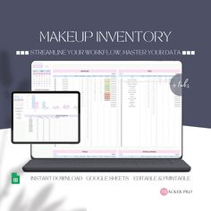 the makeup inventory spreadsheet is displayed on a laptop