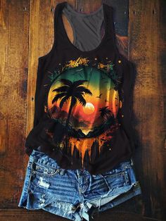 Casual Printed Sleeveless Vest, Casual Printed Summer Vest, Casual Printed Sleeveless Tank Top, Printed Sleeveless Casual Tank Top, Printed Sleeveless Tank Top For Vacation, Black Printed Sleeveless Tank Top, Summer Printed Tank Top, Summer Sleeveless Printed Vest, Sleeveless Printed Summer Vest