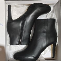 New Kiana-3m Soft Black Leather Boots By Nine West Ships Fast High Heel Synthetic Boots For Work, Synthetic High Heel Boots For Workwear, Synthetic Ankle Heeled Boots For Workwear, Synthetic Ankle Boots For Work, Leather Closed Toe Heels With Zipper, Leather Closed Toe Heels With Zipper Closure, Black Faux Leather Heels With Zipper Closure, Closed Toe Faux Leather Heeled Boots For Workwear, Synthetic Ankle-high Boots For Work