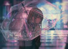 a woman standing under an umbrella in the rain with it's light reflecting off her face