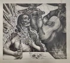 a black and white drawing of a skeleton playing guitar next to a woman sitting at a table