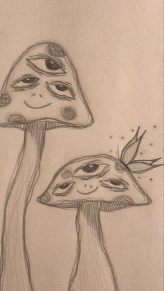 pencil drawing of two mushrooms with faces on them