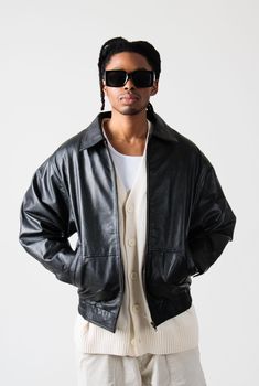 Express yourself in our 90's inspired oversized leather jacket. A versatile staple jacket that can be worn for any occasion.  Genuine sheepskin leather. Model is 6'1/185lbs wearing size small. Leather Urban Outerwear For Urban Adventures, Urban Leather Jacket For Streetwear, Urban Leather Jacket For Urban Adventures, Oversized Leather Outerwear For Streetwear, Oversized Urban Leather Jacket For Streetwear, Oversized Urban Leather Outerwear, Oversized Leather Biker Outerwear, Leather Biker Jacket For Streetwear, Urban Leather Jacket