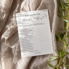 a card that says who knows the bride's best? on top of a sheet of paper