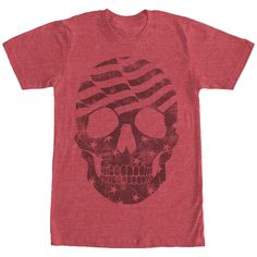 Add a little edge to your wardrobe with the Lost Gods American Flag Skull Heather Red T-Shirt. This cool red skull shirt features a skull in the style of an American flag in distressed black print. Size: small. Gender: male. Age Group: adult. Material: Cotton. Red Distressed Crew Neck T-shirt, Red Skull Print Graphic Tee, Casual Red Skull Print Tops, Halloween Red T-shirt With Skull Print, Red T-shirt With Skull Print For Halloween, Red Skull Print Top For Halloween, Red Distressed Crew Neck Top, Red Skull Print Short Sleeve T-shirt, Red Skull Print Short Sleeve Top