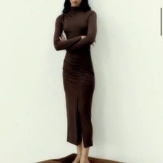 Maxi Dress With Long Sleeves And Ruched Detailing. Front Slit In Chocolate Brown Maxi Dress With Long Sleeves, Zara Maxi Dress, Dress With Long Sleeves, Brown Shades, Zara Dresses, Chocolate Brown, Colorful Dresses, Long Sleeves, Zara