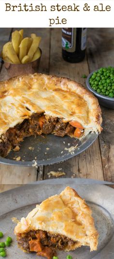 there is a pie with meat and peas on the table next to other food items