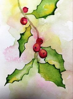 watercolor painting of holly leaves and berries