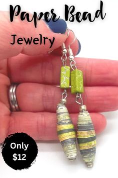 Looking for jewelry that's chic, trendy, and unique? Look no further than this handmade piece of paper bead jewelry from Etsy. These trendy dangle bead earrings are the perfect accessory to dress up any outfit, and it's also eco-friendly and made from paper beads. So why wait? Buy today! Dangle Bead Earrings, Paper Bead Earrings, Quilled Jewellery, Paper Bead Jewelry, Bead Making, Colorful Paper, Green And Silver, Beaded Jewlery, Earrings Colorful