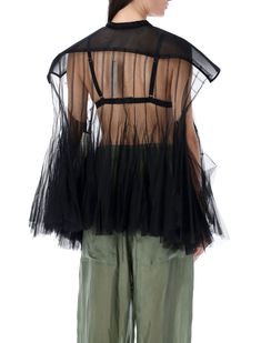 Step into luxury with this sheer nylon tulle top by a renowned designer. The V-neck and cap sleeves create a modern and elegant look, while the snap buttons closure adds a touch of functionality. The wide shoulders and voluminous A-shape make this top a statement piece, perfect for those who appreciate high-end fashion. Whether you're pairing it with tailored trousers or a sleek skirt, this MICRO CYANEA top is sure to elevate any outfit. Embrace the luxurious feel and effortless style of this de Shape Composition, Wide Shoulders, Neck Snap, Rick Owens Women, Tulle Top, High End Fashion, Tailored Trousers, Casual Backpack, Rick Owens