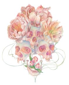 Three watercolor skulls crowned with pink and orange peonies. Three peony buds grow out of a disconnected jaw. Arte Inspo, A Skull, Skull Art, Watercolor Print, Art Inspo, Peonies, Watercolor Art, Cross Stitch Patterns, Stitch Patterns