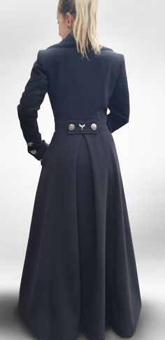 "Wool Coat Women, Black Victorian Coat, 70s Clothing Crafted in soft winter wool cashmere, this beautiful belted swing overcoat for women is an elegant cover-up this season. Cinched at the waist, this long winter coat will give any lady a stunning princess silhouette that is bound to turn heads! With this maxi satin-lined coat, cozy has never been so chic. 🌀 IMPORTANT: The hat is not included in the price of the coat but is also one of my designs, so if you are looking to complete your outfit, Black Cashmere Coat, Floor Length Coat, Medieval Fair, Victorian Coat, Long Winter Coats Women, Gothic Coat, Long Jackets For Women, 70s Clothing, 70s Vintage Fashion