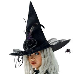 PRICES MAY VARY. WHAT YOU GET: 1 Piece of Black Witch Hat, 2 Pieces of Black Pins, 1 Piece of Detachable Spider. SIZE: The Halloween Hat's Height is Approx. 17.7 Inch(45cm),Outer Diameter is 17 Inch(43cm), Internal Diameter is 7.5 Inch(19cm), Fit for Most and Lightweight. SPECIAL DESIGN: The Classic Black Witch Hat With Black Flower, Purple and Black Feather and Black Tulle Make Your Hat More Psychedelic, Mysterious and Dramatic, Catching the Eyes of Others and Enhancing the Festive Atmosphere C Velvet Witch Hat, Spider Halloween Costume, Christmas Masquerade, Witch Hats Costume, Witch Headband, Black Witch Hat, Witch Halloween Costume, Witchy Crafts, Halloween Witch Hat