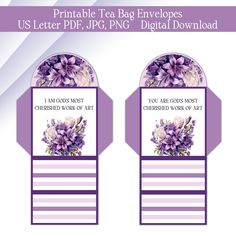 two tags with purple flowers on them and the words, printable tea bag envelopes