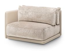 a beige chair with two pillows on it's back and the seat upholstered