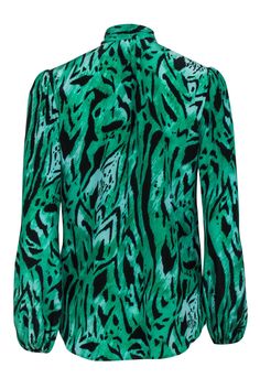 This vibrant green blouse by Rixo London is a star on its own. The silk fabric, distinctive animal print, and billowing sleeves give it a disco feel. Leave the necktie open for a more relaxed look or tie it to form a keyhole neckline. The blouse also plays nice beneath your favorite black blazer. Size S 100% Silk Loose fit V-neck w/ attached ties Long sleeves w/ elasticized cuffs Rounded hem Bust 38" Waist 38" Shoulder to hem 29" Sleeve length 23.5" Chic Green Tops With Abstract Print, Chic Green Blouse With Abstract Print, Trendy Abstract Print Tops For Party, Trendy Abstract Print Party Tops, Trendy Printed Blouse For Parties, Fitted Green Top With Abstract Print, Green Abstract Print Tops For Fall, Fitted Green Tops With Abstract Print, Green V-neck Blouse With Blouson Sleeves