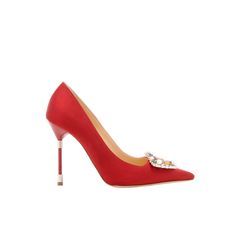 Red Satin Jewel Buckle Pumps Red satin sharp toe pumps featuring a tutti frutti crystal buckle and piercing high heel. Upper : 68% viscose, 32% silk. Sole : 100% cow leather. Lining : 100% kid leather. Heel measures 105 mm. Italian sizing. Made in Italy. Fitted Red Heels For Events, Red Fitted Heels With Rhinestones, Fitted Red Heels With Rhinestones, Red Fitted Rhinestone Heels, Red Rhinestone Pointed Toe Heels, Red Pointed Toe Heels With Rhinestones, Red Rhinestones Heels, Elegant Red Heels With Rhinestones, Elegant Embellished Red Heels