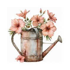 an old watering can with flowers in it