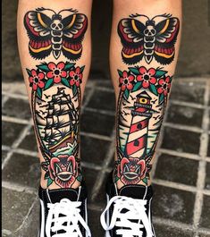 the legs are decorated with tattoos and flowers